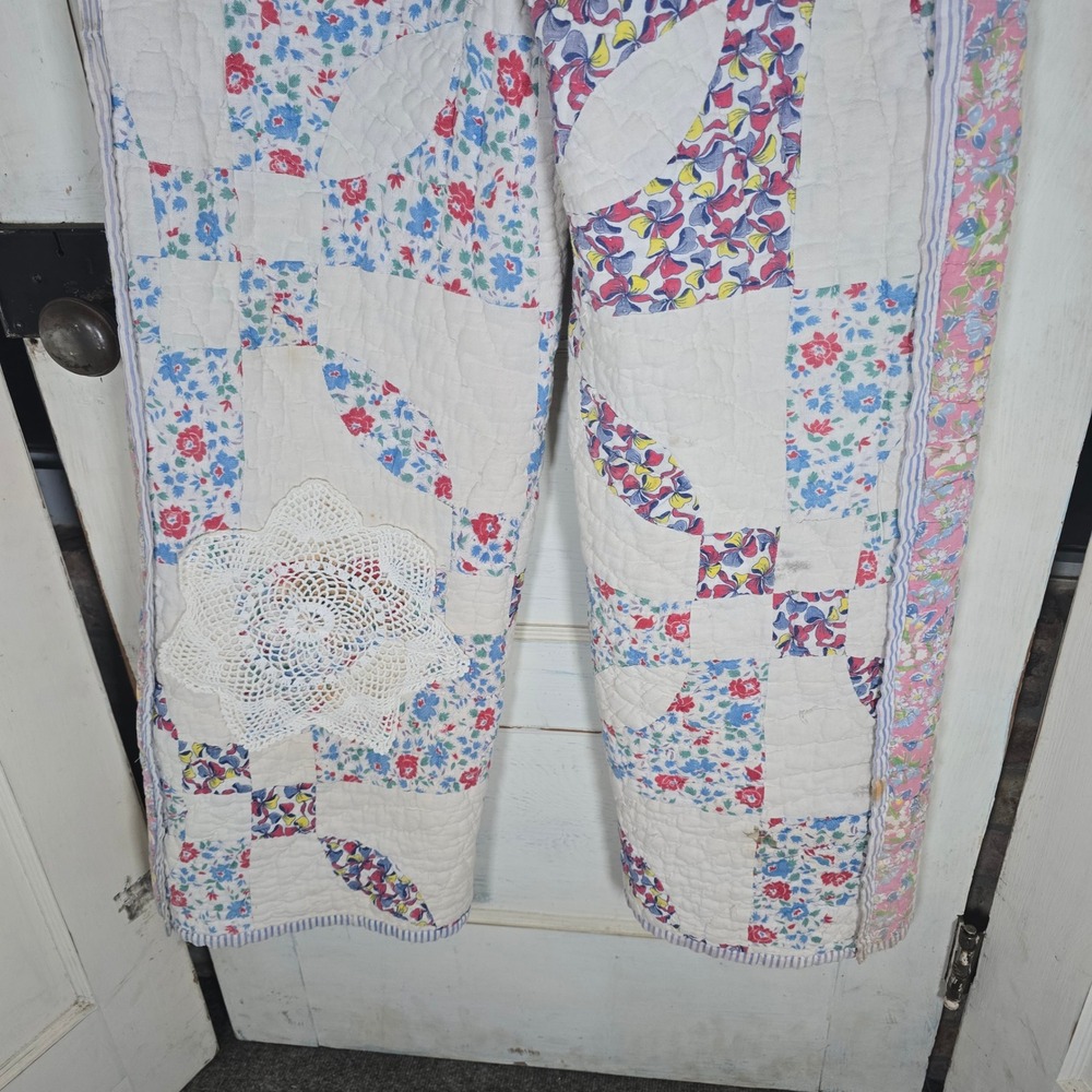 Handmade upcycled vintage quilt pants with embroidered doilie‎ pockets OS - Picture 7 of 9